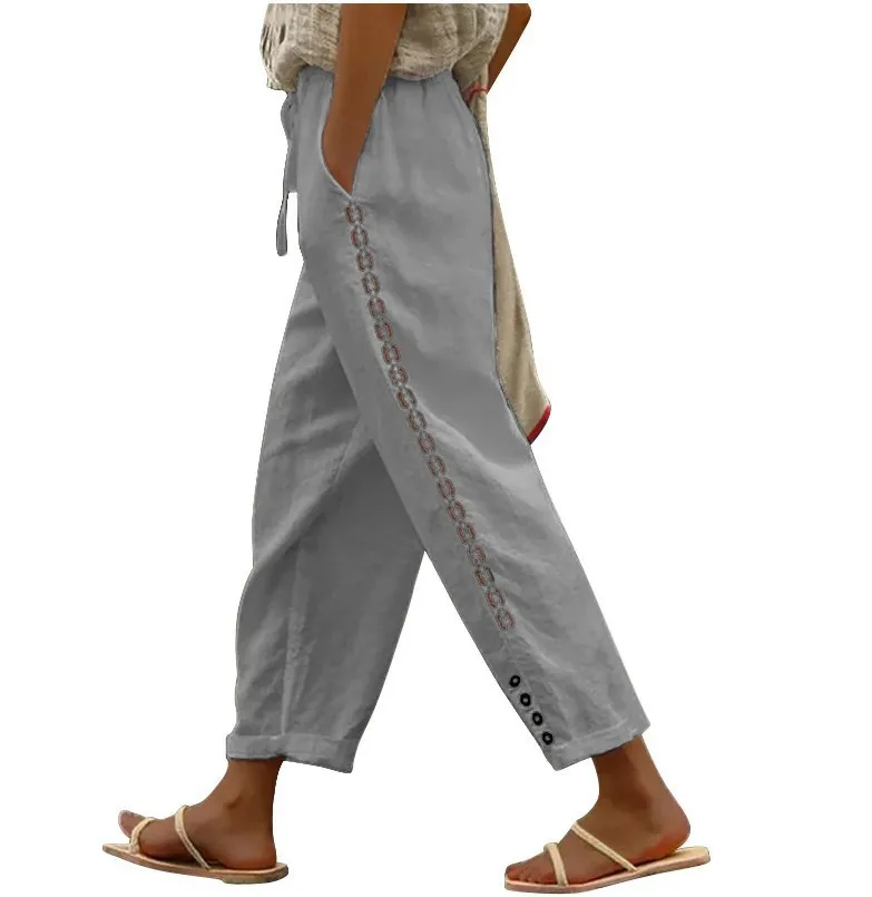 Women's Casual Pants Summer Cotton Hemp Pants Straight Pants Spliced Solid Color Nine-point