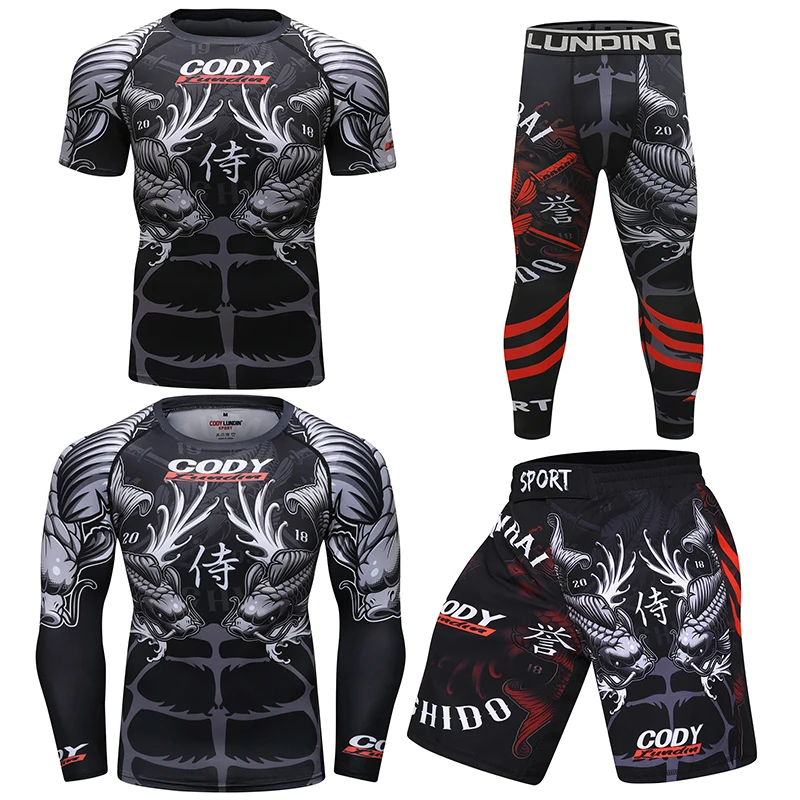 

Cody Lundin MMA Boxing Sportsuit Men MMA T Shirt + Compression Legging Set Boxer Kickboxing T-shirts Muay Thai Shorts Gym Wear