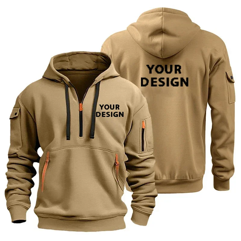 European New Men's Sports Zipper Arm Pocket Loose Casual Sweatshirt Customize Your Logo Dropped Shoulder Hooded Jacket Pullover