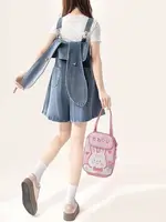 Slimming Rabbit Ear Denim Overalls Women's Summer Thin Large Size Onesie Faionable orts High Waist Jeans Fabric Button Cl...