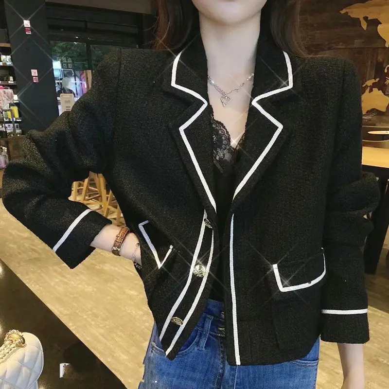 Tweed Blazer Spring Autumn Lattice Wool Jacket Women Coat Korean Chic Office Lady Short Jacket Nylon Knit Button Outerwear New