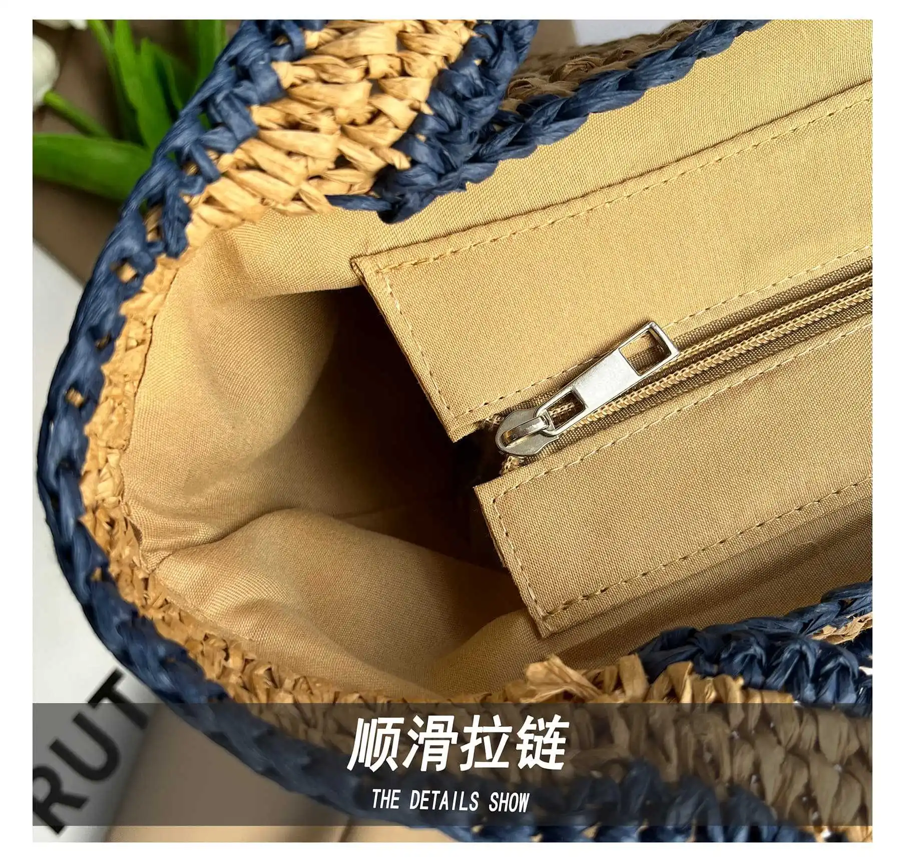 Neue Ankunft Stroh gewebte Handtasche süßes lächelndes Gesicht Eimer gestrickte Tasche Sommer Strand Top-Griff Totes Damen Reise Einkaufen Geldbörse – Detail 3