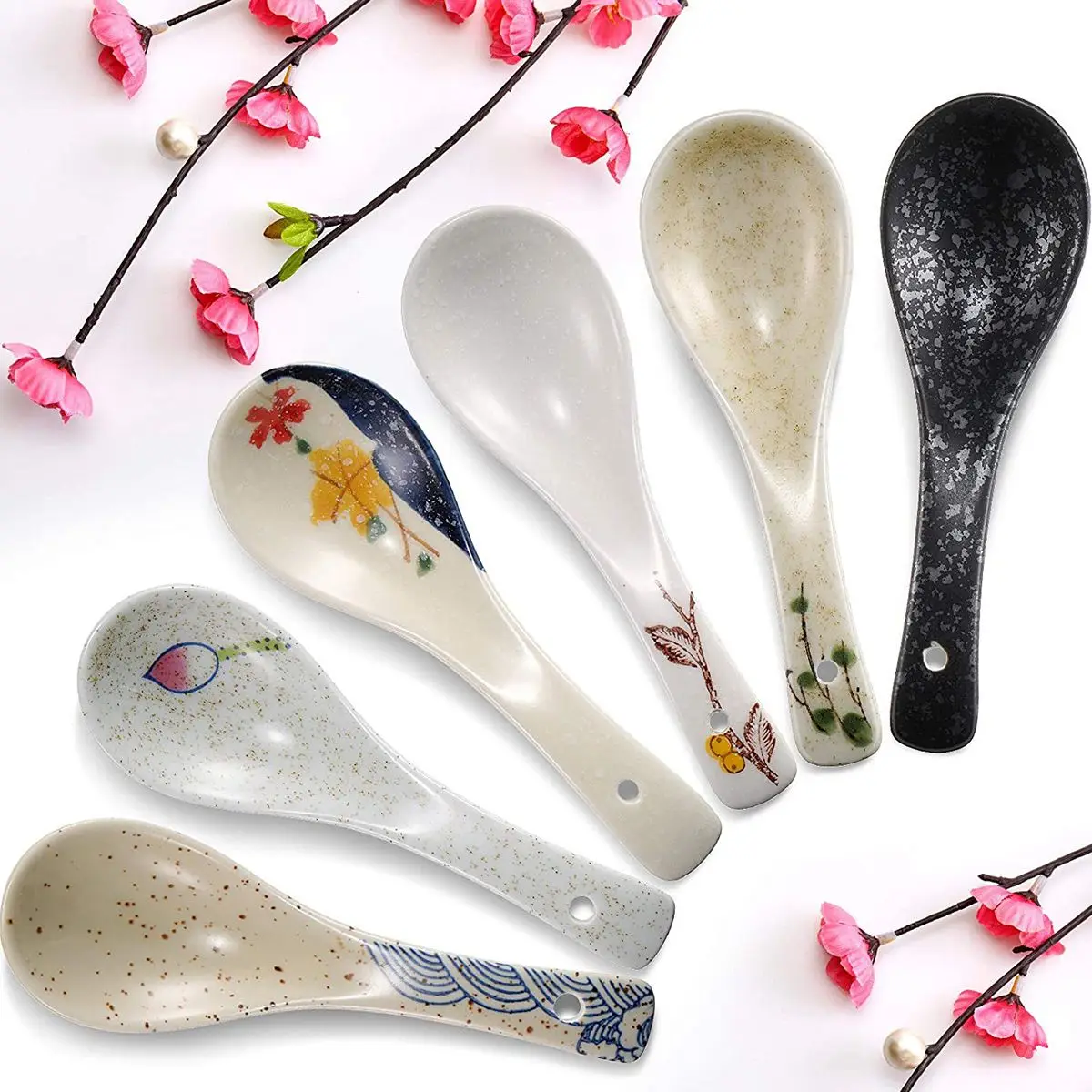 Soup Spoon Japanese-style Ceramic Handpainting Lotus Willow Underglaze Children's Rice Kitchen Tableware