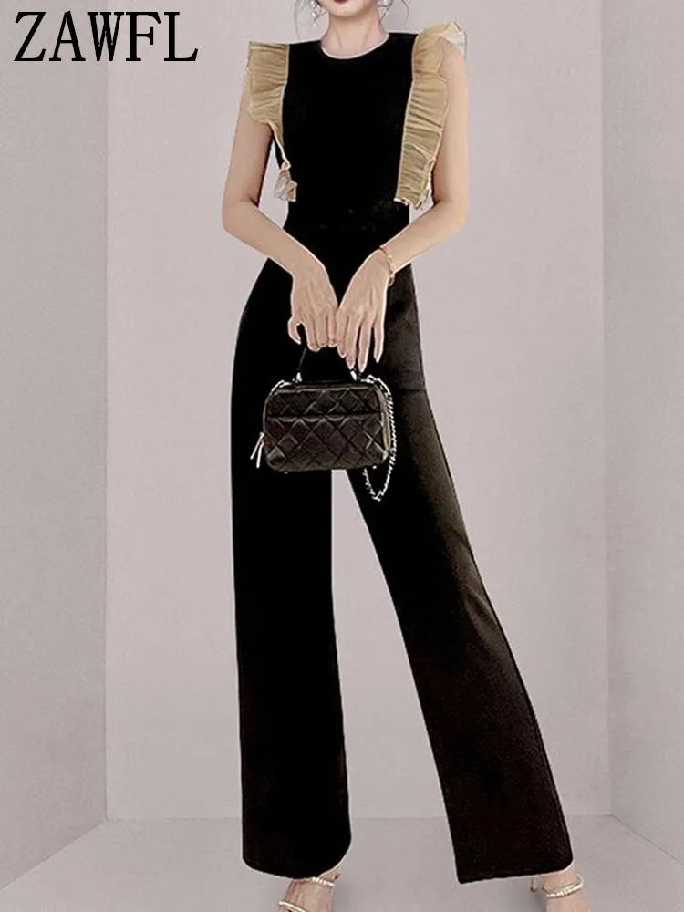 

ZAWFL Summer 2022 Ladies Elegant Wide Leg Jumpsuit V Neck Sleeveless Solid Color Ruffled Pleated Wide Leg Long Jumpsuit