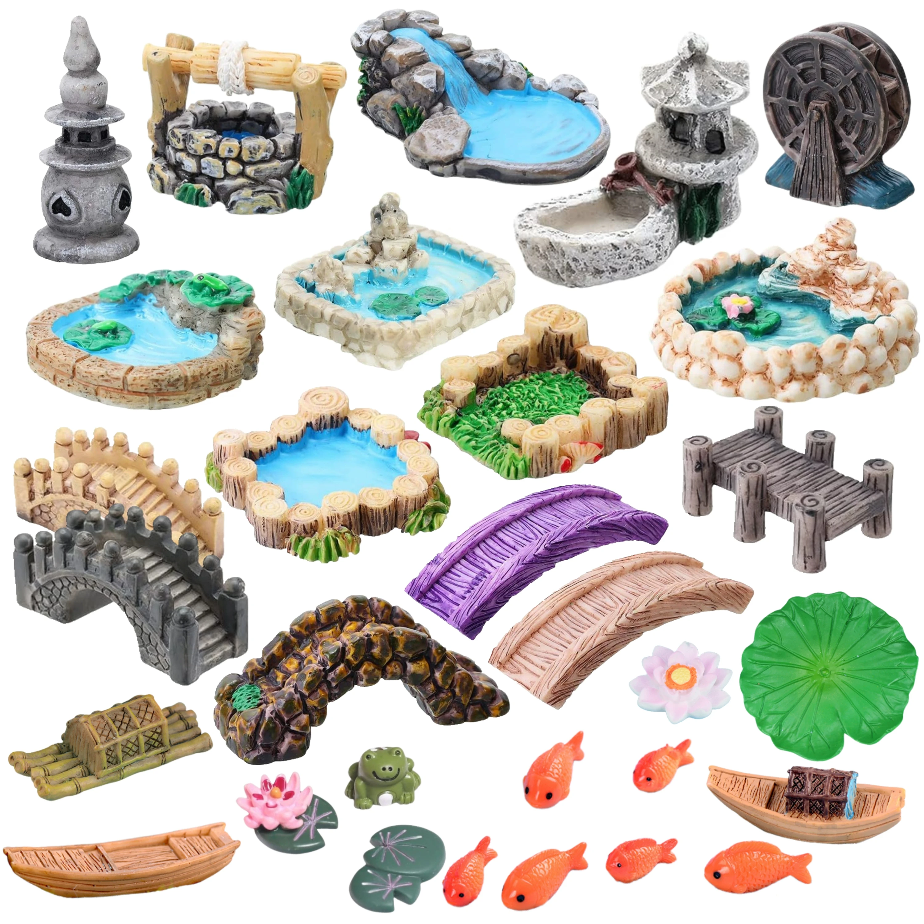 Fairy Garden Accessories Miniature Spring Water Wells Bridge Boat Ornament Statue Figurines Landscape Home Garden Craft Decor
