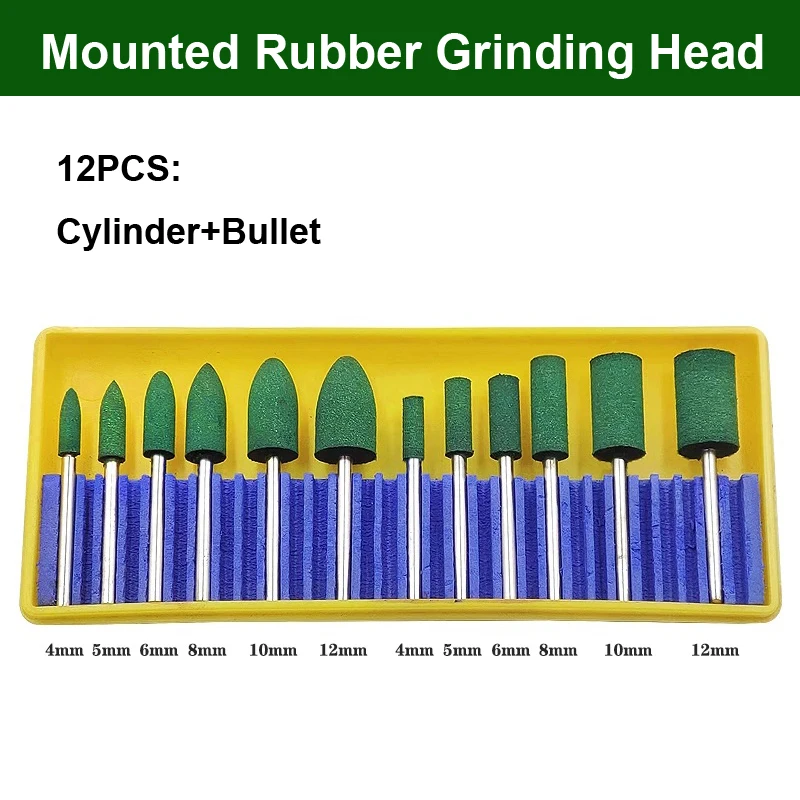 12PCS Rubber Mounted Point Grinding Head for Metal Mould Polishing Rotary Tools Accessary