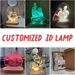 Dropshipping 3D Lamp Custom Photo Wooden Base Text Suitable For Wedding Birthday Valentine's Day Room Decor 3D Night Light Gift