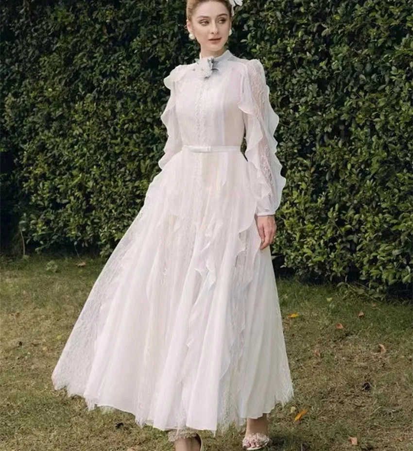 

Женское длинное платье с оборками, элегантное белое кружевное шифоновое платье составного кроя с воротником-стойкой и рукавом-бабочкой, осень 2023