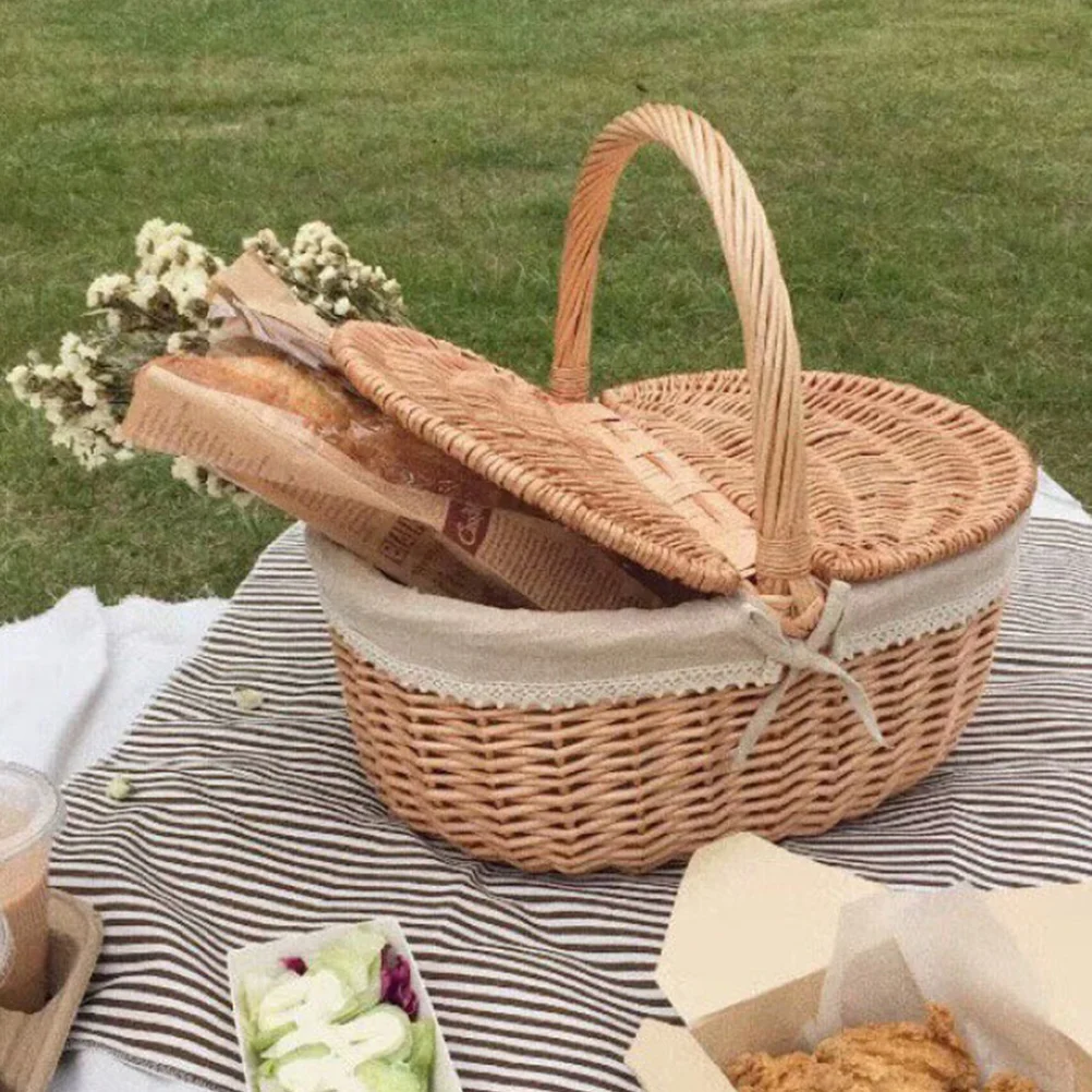 

Picnic Fruit Storage Basket Easter Household Snack Container Wicker Basket with Lid Multi-function Wicker Basket Home Supply