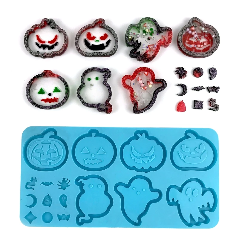 R3Mc Quicksand Box Silicone Mold Diy Halloween Pumpkin Ghost Quicksand Box Keychain Hanging Pendant Epoxy Mold For Diy Craft