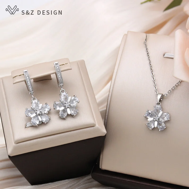S&Z DESIGN New Fashion Rose Gold Color Flowers Pendant Necklace For Women Cubic Zirconia Jewelry Daily Accessories Romantic Gift