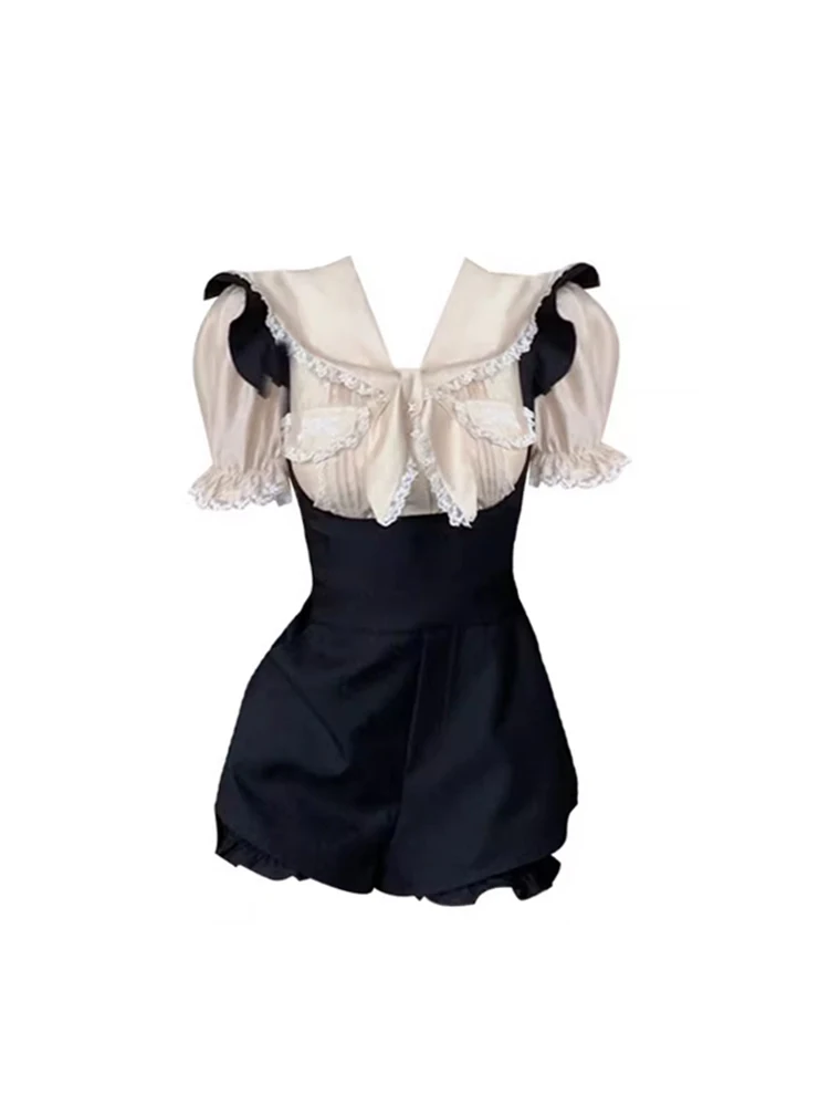 

Женский элегантный комплект из 2 предметов, короткий топ с матросским воротником и рукавами принцессы и платье на бретельках с поясом на резинке