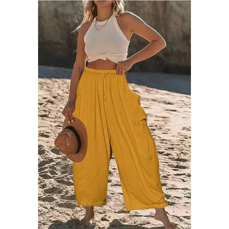 Autumn Loose Wide Leg Pants Women's Clothing Elastic Waist Pleated High Waist Casual Cotton Linen Solid Color Trousers Pants