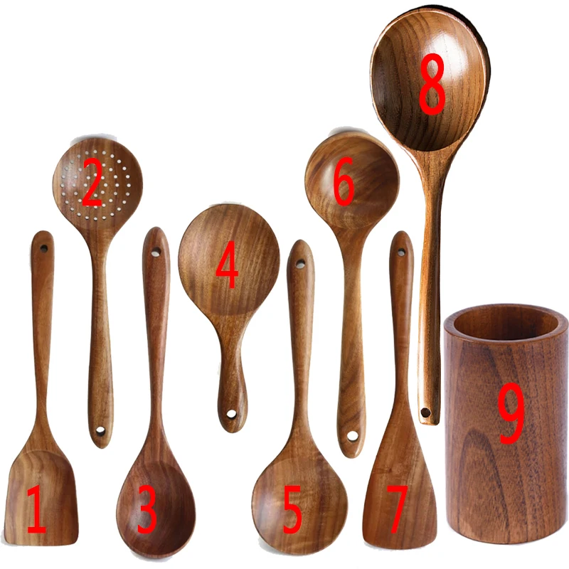 Kitchen Utensils Thailand Teak Natural Wood Tableware Spoon Turner Long Rice Colander Soup Skimmer Cooking Spoons Scoop Set