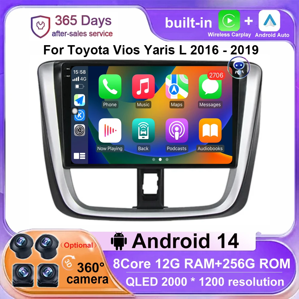 

For Toyota Vios Yaris L 2016 - 2019 Android 14 Carplay Auto Multimedia Video Player Navigation GPS Car Radio 4G WIFI RDS DSP BT