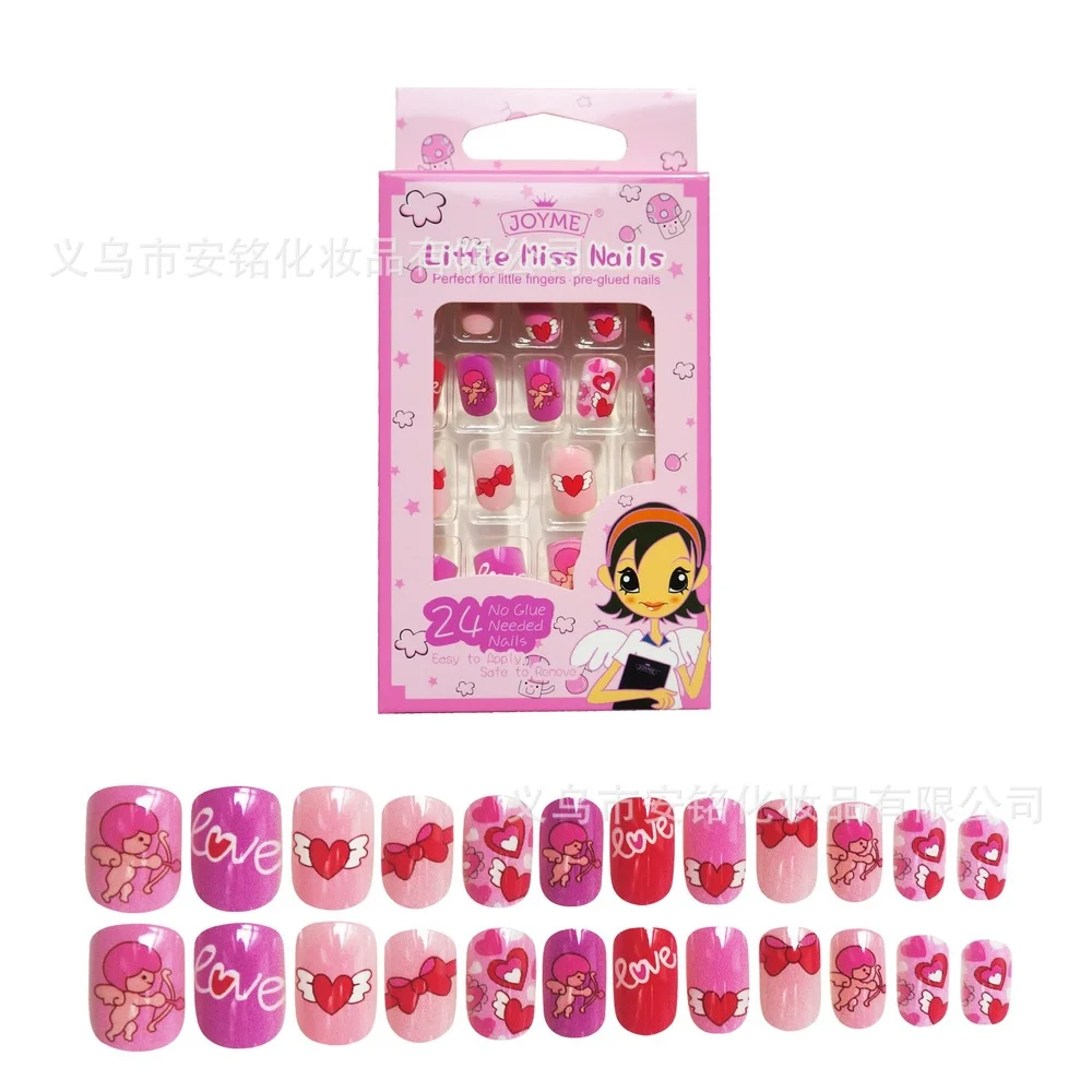 

24P Children Reusable Wearing Fake Nails Back Glue Rabbit Cat Removable Press on Nail Full Cover Artificial Kids False Nails Art