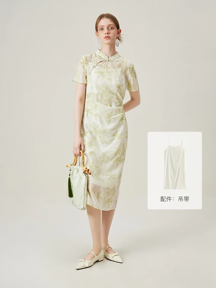 FSLE New Chinese Style Camisole Skirt+Green Floral Dress Two Sets Waist Pleated Design Short Sleeve Stand Collar Dress 24FS12289