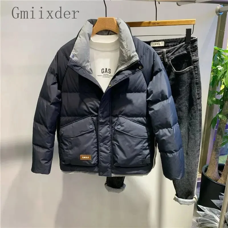 

Autumn Winter Men's Stand-up Collar Parkas Stitching Contrasting Short Trend Fashion Design Light Warm Casual Thicken Coat