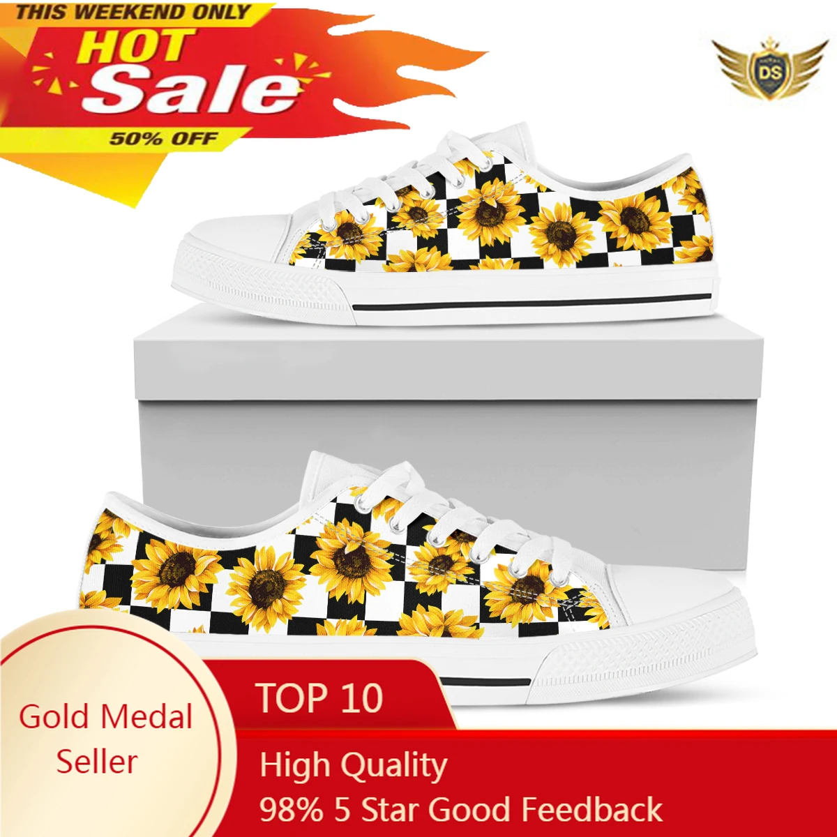 Women's Black White Checkboard Sunflower Canvas Shoes Low Top Flat Canvas Shoes Student Daily Sneakers Vulcanized Shoes