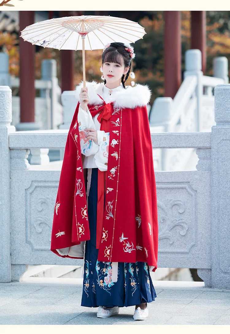 Han Suit Cloak Women's Thickened Down Autumn and Winter New Hooded Embroidery Flower Chinese Style Retro Cloak Coat Photo