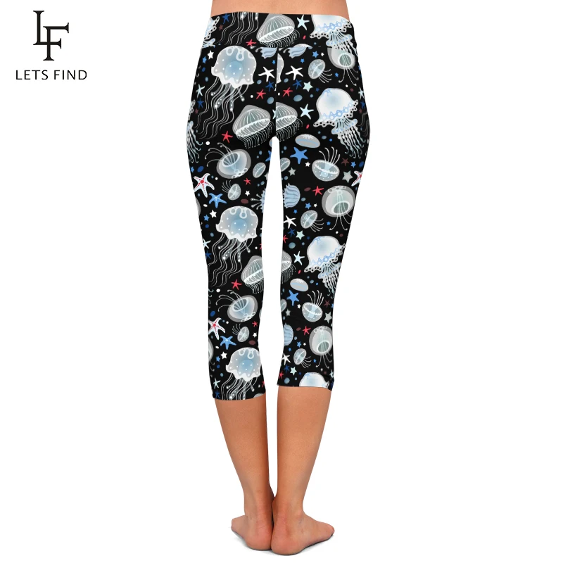 LETSFIND 2021 Summer Women Capri Pants Fashion 3D Sea Animals Jellyfish Print High Waist Mid-Calf Casual Leggings