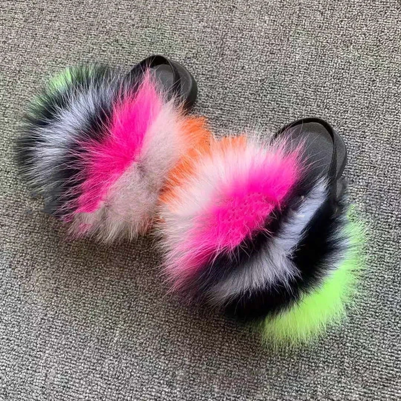 2024 New Children's Sandals Really Fox Fur Slippers Plush Really Raccoon Fur Children's Slippers Fashion EVA Girl Flat Bottom 3