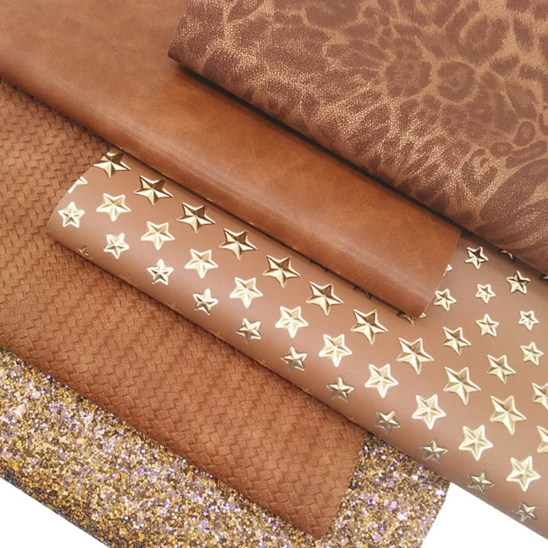 Brown Glitter Leather Sheets Leopard Custom Suede Gold Stars Weave Vinyl For DIY 21x29CM Y438