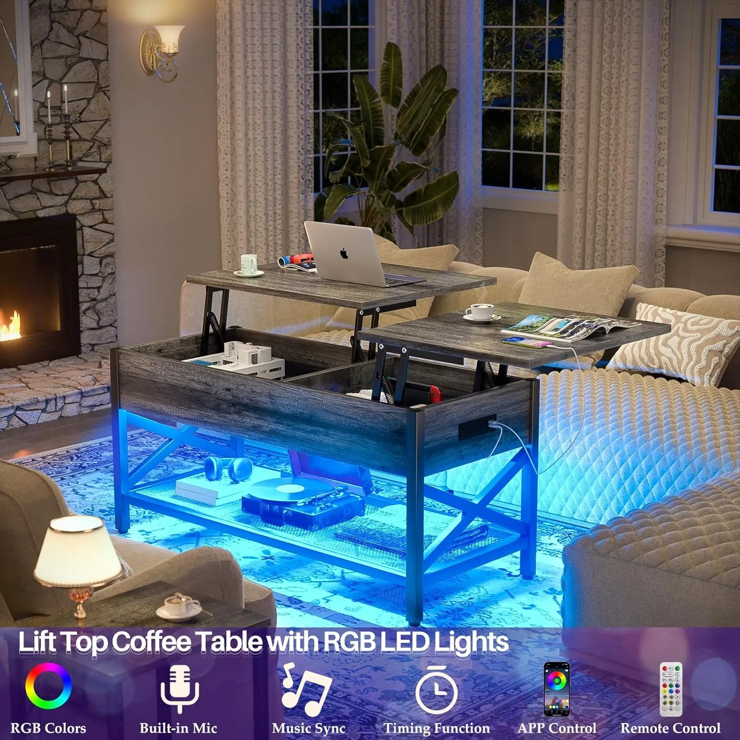 Coffee Table, Lift Top Coffee Table with LED light and Power Outlet, Modern Lift-Top Table with Storage Shelf, Metal Frame 3