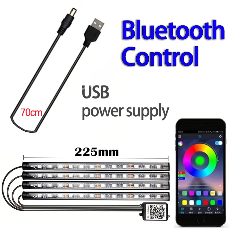 Tira de luces LED para música de coche, 48LED, USB, Bluetooth inteligente, Control por aplicación, resistente al agua, multicolor, RGB, tira de luces de ambiente Interior para coche