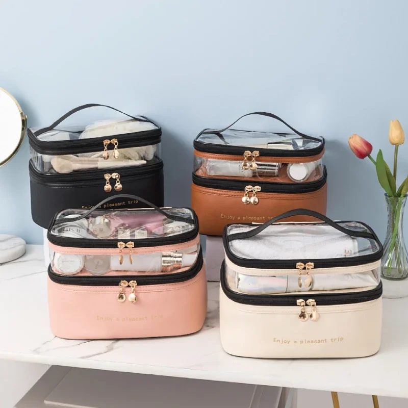 Double makeup bag ladies solid color transparent toiletries portable fashion travel large capacity storage bag wholesale