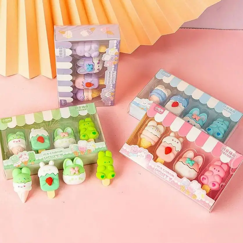 Set di 4 Gomme da Cancellare a Forma di Cartone Animato, Kawaii Dessert Coniglio e Gelato, in Confezione Regalo per Studenti, Cancelleria Scolastica per Bambini - immagine 2