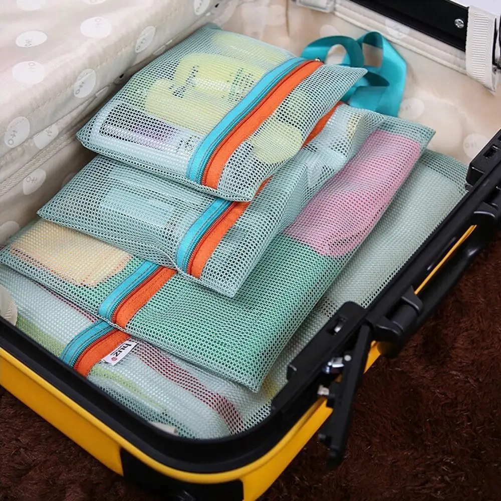 

4pcs/set Hanging Travel Mesh Bag with Zipper Blue/Pink Travel Storage Bag Space Saving Clothing Sorting Organizing Underwear