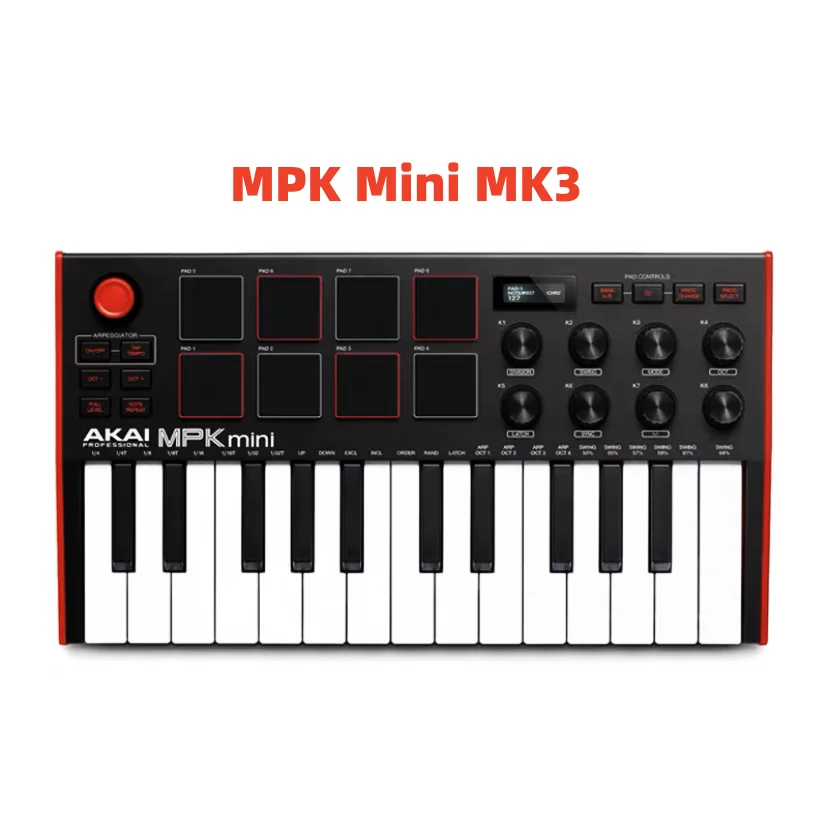 AKAI profesjonalny kontroler MPK Mini MK3 - 25 z klawiatura MIDI USB z 8 podświetlanymi pady perkusyjne, 8 pokrętłami fortepian do produkcji muzyki