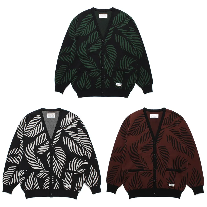 

2023 Winter WACKO MARIA Leaf Printed Cotton V-Neck Knitted Cardigan Sweater Oversized Single breasted Loose Men Women outerwear