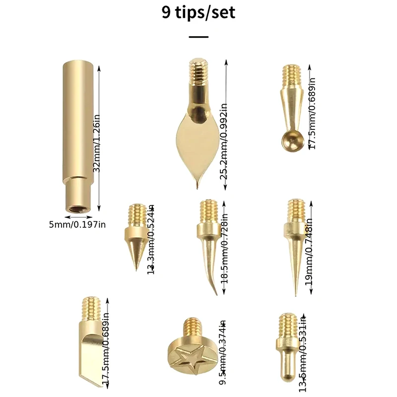 9Pcs/Set Heat Insert Nut Iron Tip Hot Melt Heat Set Insert Tool Soldering Iron Tip 3D Printing Brass Thread Embed Welding Kit