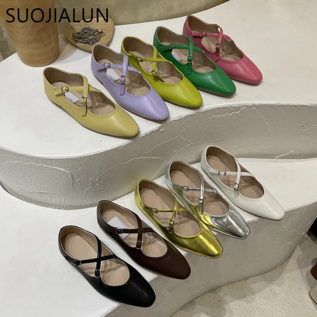 SUOJIALUN 2022 New Spring Women Flat Heel Shoes Shallow Mary Jane Ballet Flats Fashion Candy Color Ballerina Soft Casual Loafers 2