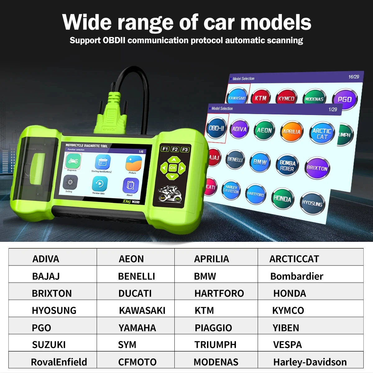 재고 JDiag M300 오토바이 진단 스캐너 도구, BMW Ducati Harley Honda Kaw용 ABS 엔진 재설정 오류 제거 서비스