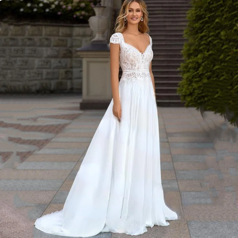 

Boho Lace Chiffon V Neck Wedding Dresses 2023 Backless Beach Bride Dress Cap Sleeve Sweep Train Bohemian Robe De Mariee A Line