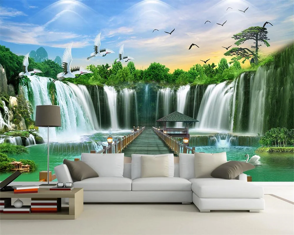 

Custom mural 3d обои welcome pine waterfall feng shui mountain water flow water to make money landscape painting background wall