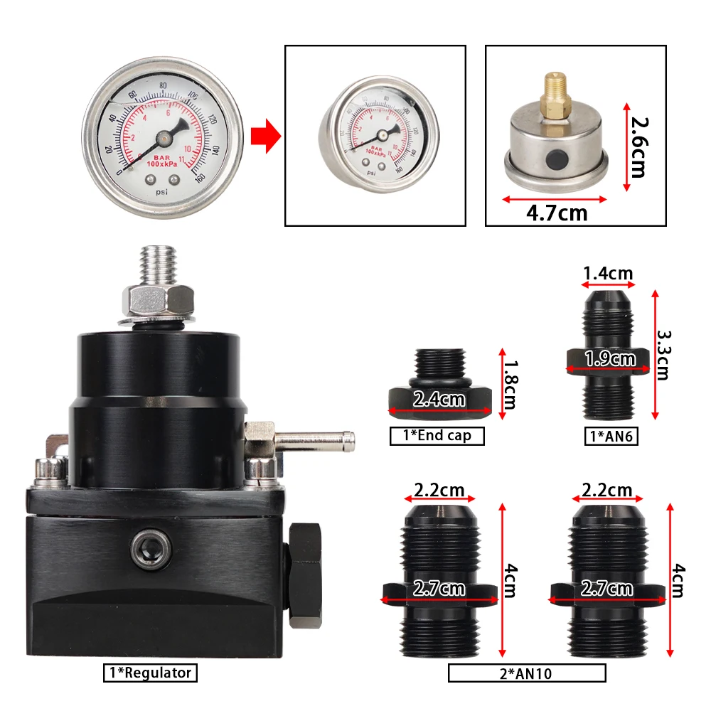 Adjustable Fuel Pressure Regulator with White Oil Gauge AN8/10 Feed Fitting AN6 Return Line Fitting AN8/10 End Cap