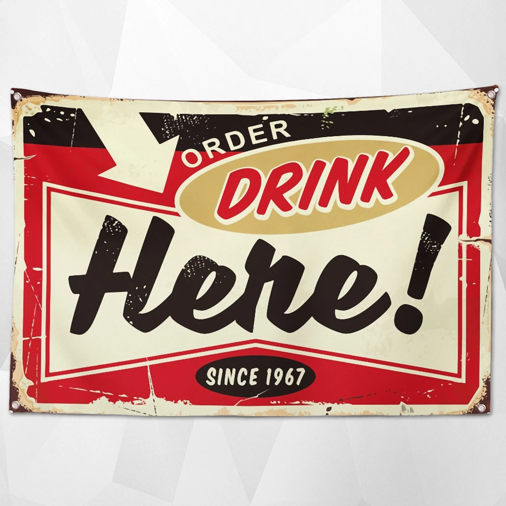 

ORDER DRINK HERE! Beer Banner Flag Wall Painting Vintage Bar Pub Club Man Cave Wall Decor Tapestry Black Party Wall Art Poster
