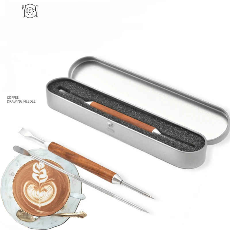 Stainless Steel Coffee Decorating Art Pen Wooden Handle Latte Pull Flower Needle Barista Tool Coffee Accessories Modeling Tool