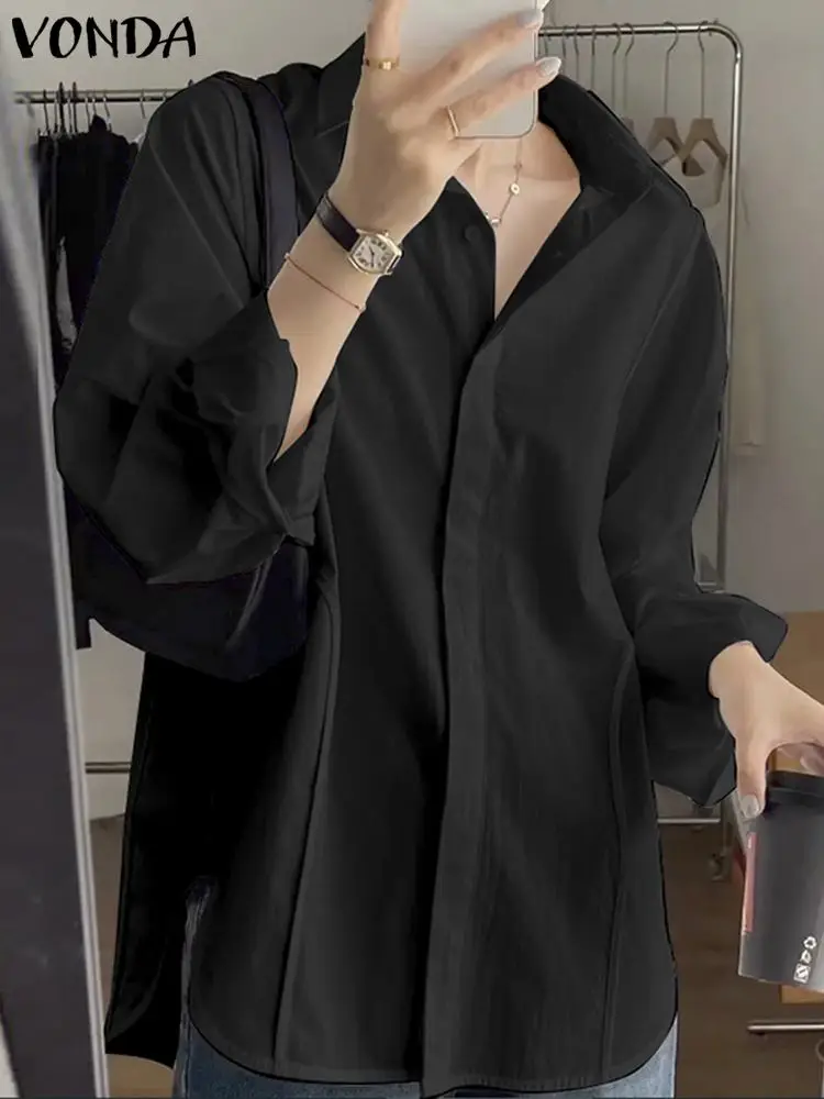 

2024 летние модные элегантные женские рубашки VONDA с длинным рукавом, блузки на пуговицах, однотонные топы, повседневные свободные женские блузы