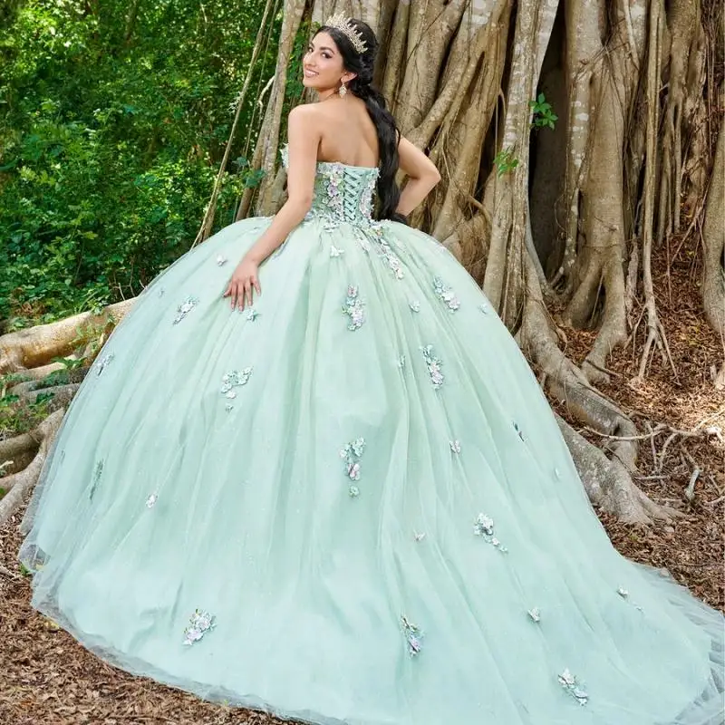 

3D Flowers Mint Green Quinceanera Dresses With Cape Ball Gown Corset Princess Dress vestidos de quinceañera aqua YQD183
