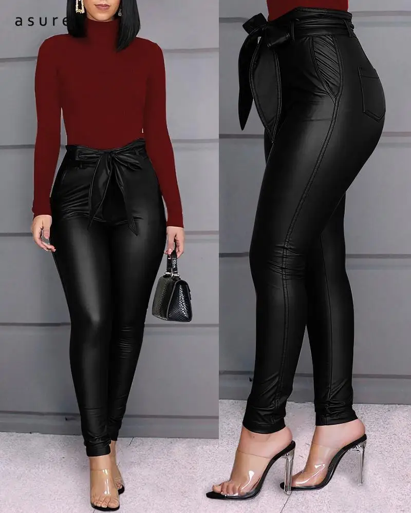 Traf Y2k Womens Capris Leather Pants 