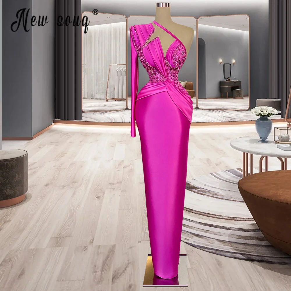 

Satin Magenta Prom Gown With Beading Women 2023 One Sleeve Evening Night Gowns Custom Made Dinner Party Dresses for Black Girl