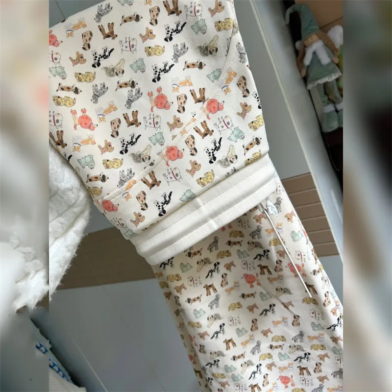Korean Vintage Cartoon Printed Bootcut Women's Spring and Autumn Elasticized High-waisted Drawstring Loose Casual Flared Pants