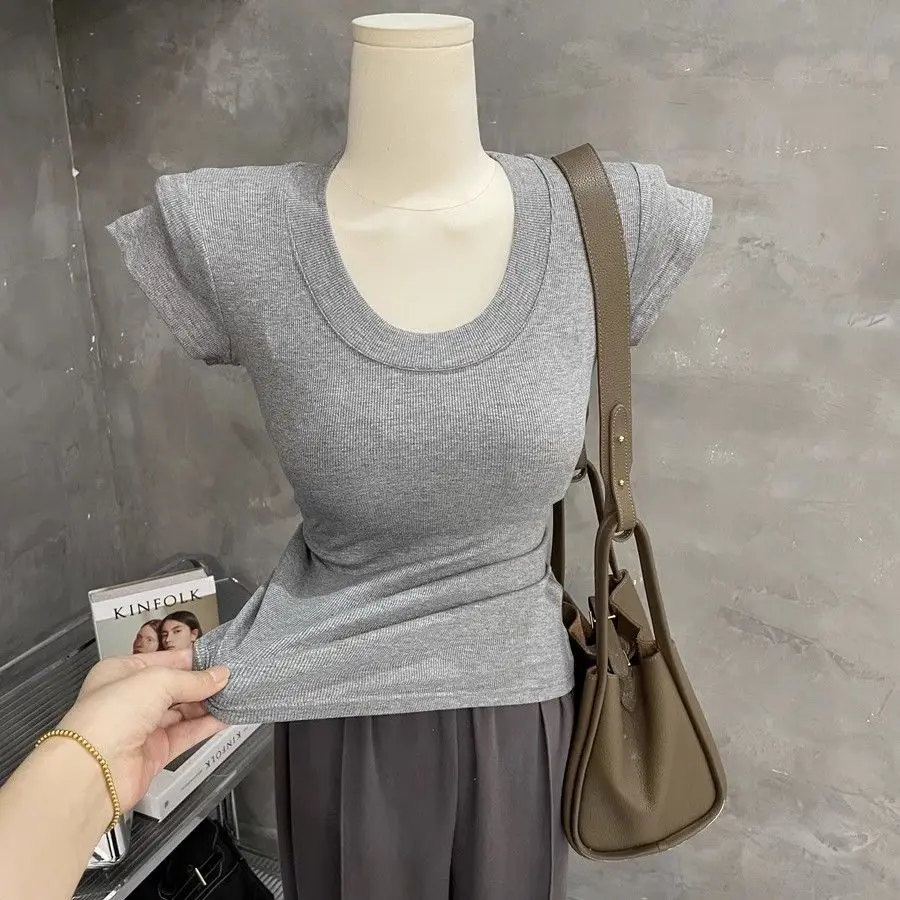 

Оптовая продажа, облегающие футболки с глубоким круглым вырезом, женские облегающие топы, лето 2024, футболка с коротким рукавом, высокий базовый Тонкий Топ