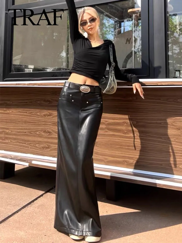

TRAF Women's Fashion 2023 Autumn Solid Back Slit PU Leather Pencil Skirt Sexy Party Chic Package Hips Wild Long Female Skirts
