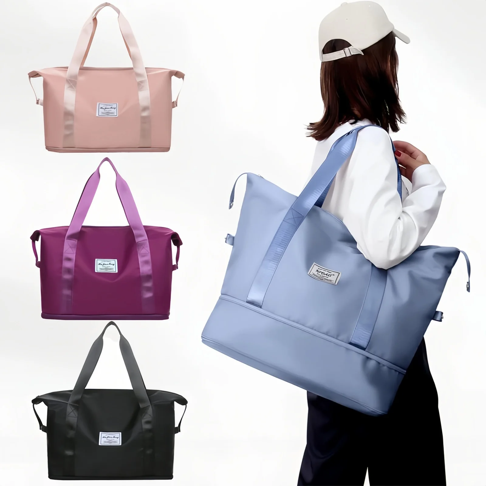 Double-layer expandable large-capacity luggage bag, new multi-functional foldable portable gym bag, sports travel bag-tan